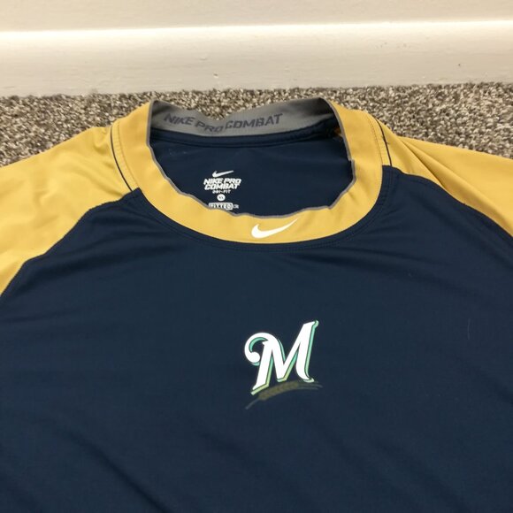Team Issued Milwaukee Brewers Shirt Nike Center Swoosh Pro Combat Mens XL Fitted - Picture 1 of 11
